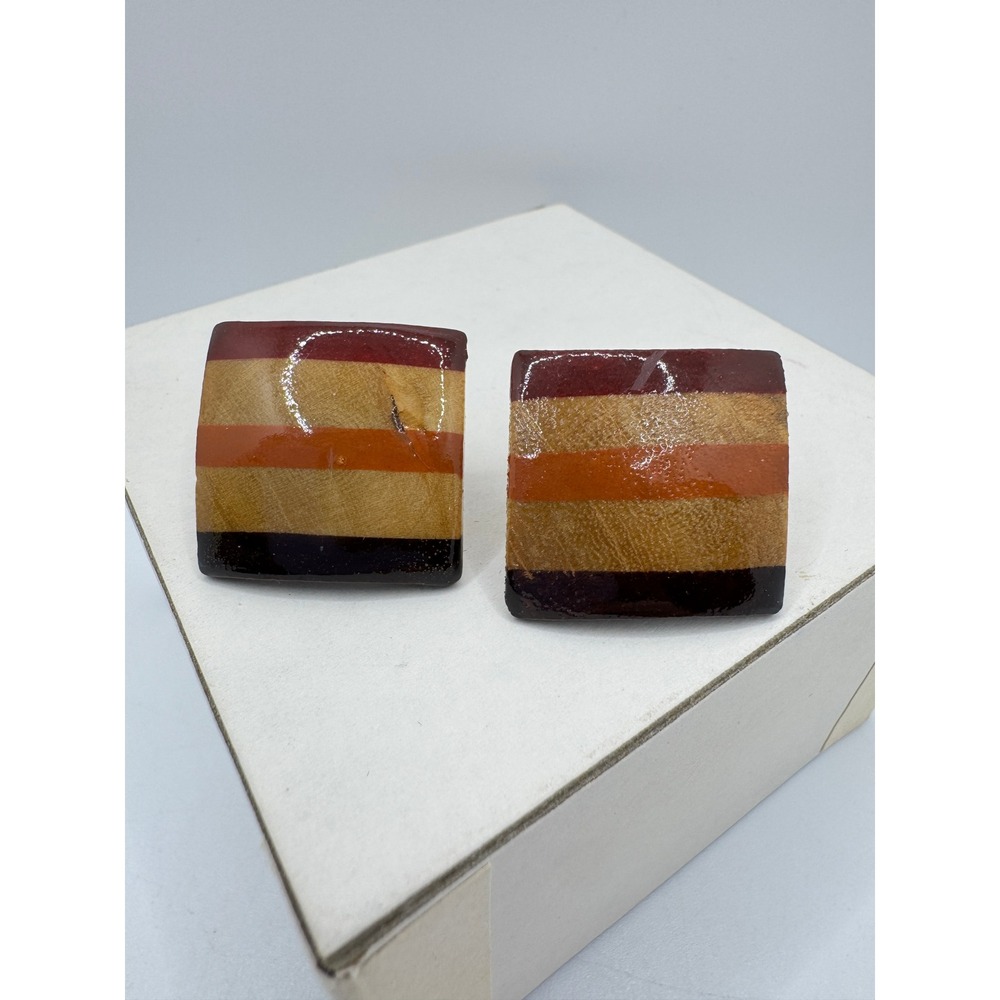 Vintage 80s Inlaid Wood Square Stud Earrings Burgundy Orange Striped Geometric